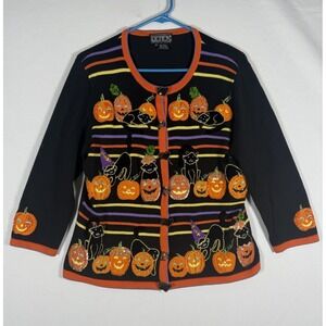 VTG BEREK 2 Takako Embellished Halloween Cardigan Sweater Medium Pumpkins Cats